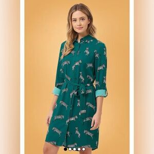 Sugarhill Brighton Fabulous Teal Zebra Print Shirt Dress Belted US SZ 8